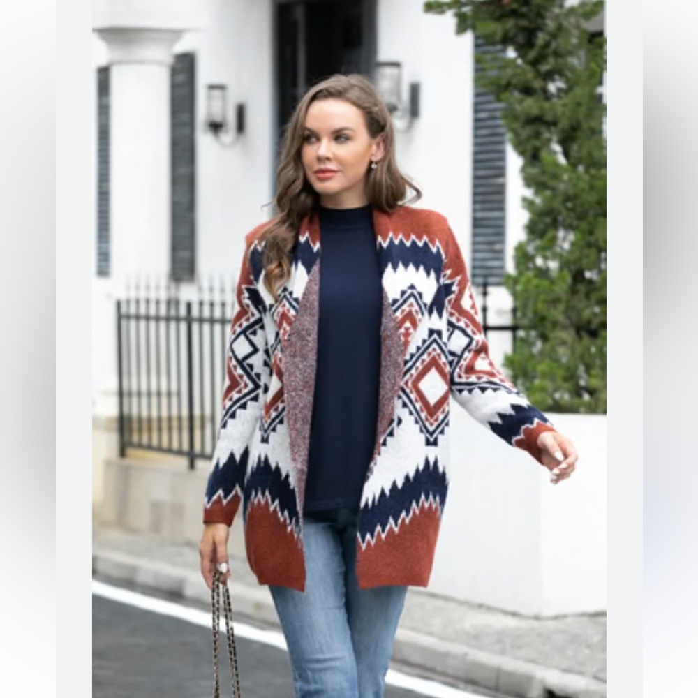 Tahari Brown White & Blue Aztec Print Chunky Open Front Cardigan Size XL - Picture 1 of 15